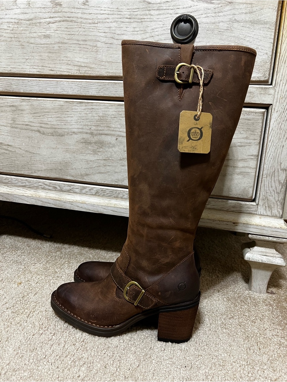 Women's Brown Leather Riding Boots with Buckle Detail
